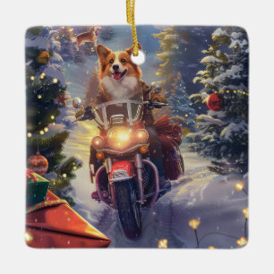 Ornamento De Cerâmica Cachorro Corgi Pilotando Motocicleta Natal