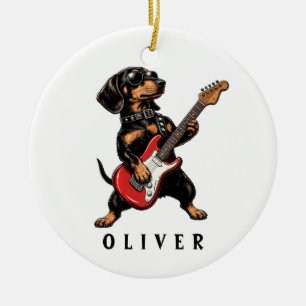 Ornamento De Cerâmica Cachorro Dachshund Rocker Legal Tocando Guitarra E