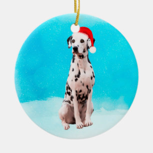 Ornamento De Cerâmica Cachorro Dalmado no Chapéu de Natal da Neve