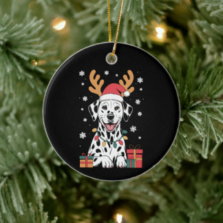 Ornamento De Cerâmica Cachorro Dalmatiano Natal Antleres de Rena Chapéu 