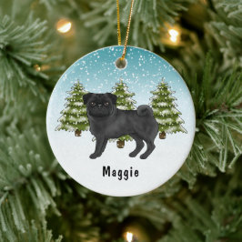 Ornamento De Cerâmica Cachorro de Desenho Animado Fofo Pug Preto Florest