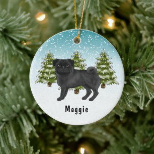 Ornamento De Cerâmica Cachorro de Desenho Animado Fofo Pug Preto Florest
