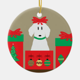 Ornamento De Cerâmica Cachorro de Natal de Meados do Século em Caixa