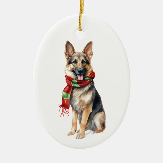 Ornamento De Cerâmica Cachorro de Natal, German shepherd de Férias (Frente)