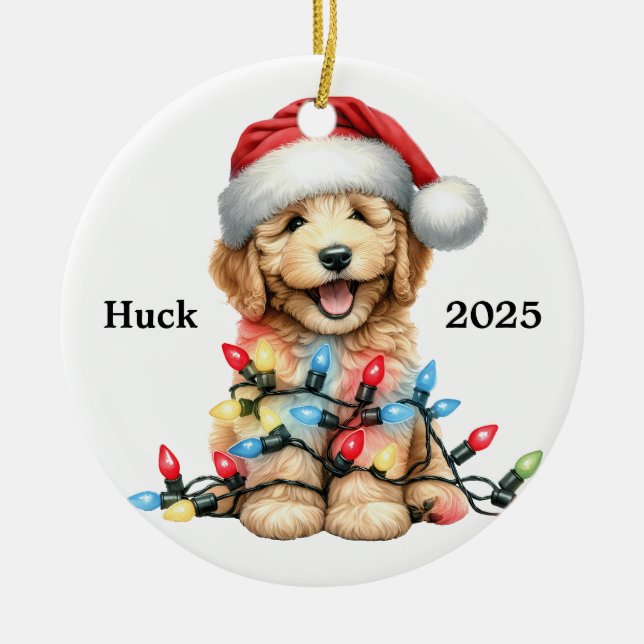 Ornamento De Cerâmica Cachorro de Natal personalizado Goldendoodle (Frente)