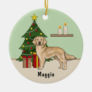 Ornamento De Cerâmica Cachorro de Ouro Amarelo com árvore de Natal