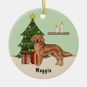 Ornamento De Cerâmica Cachorro de Ouro Vermelho com Árvore de Natal Verd