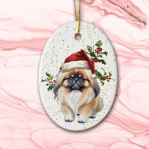 Ornamento De Cerâmica Cachorro de Pekingese Bonito Holly de Natal