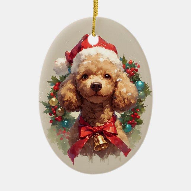 Ornamento De Cerâmica Cachorro de Poodle de Natal (Frente)
