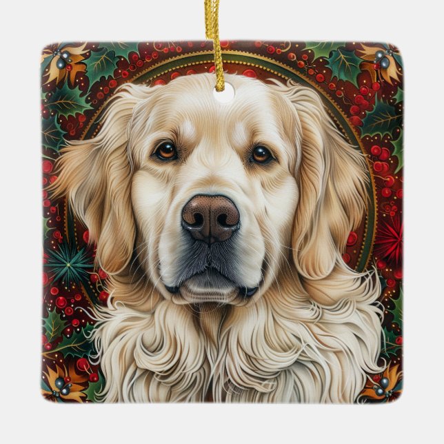 Ornamento De Cerâmica Cachorro de Retreiver Ouro de Natal (Frente)