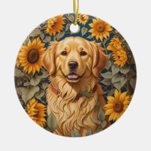 Ornamento De Cerâmica Cachorro De Retriador De ouros No Campo De Girasso