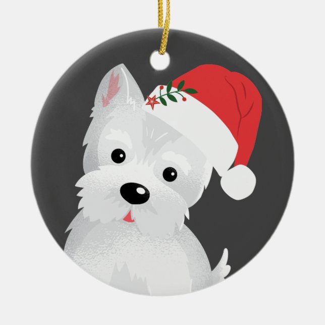 Ornamento De Cerâmica Cachorro de West Highland com Santa Hat (Frente)