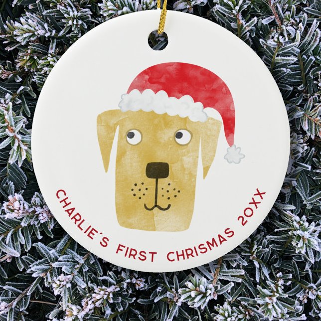 Ornamento De Cerâmica Cachorro Divertido Primeiro Natal Personalizado (Fun Yellow Golden Labrador Retriever Dog personalized name first christmas date ceramic ornament)