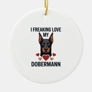Ornamento De Cerâmica Cachorro Dobermann Adorando Corações Vermelhos_1