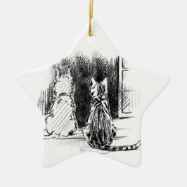 Ornamento De Cerâmica Cachorro e Gato Olhando para a Janela, Simpatia Pe