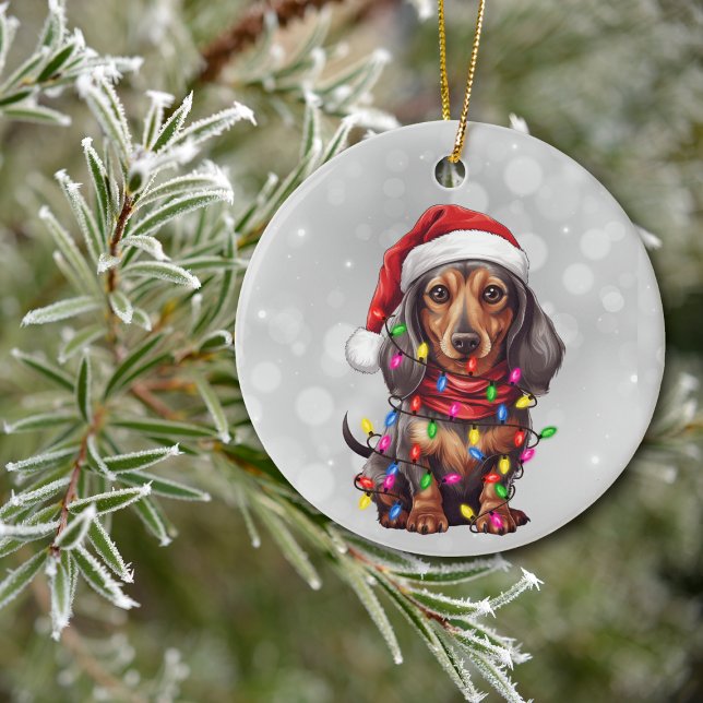 Ornamento De Cerâmica Cachorro Envolvido em Luzes de Natal (Criador carregado)