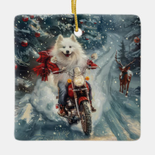 Ornamento De Cerâmica Cachorro Esquimó Americano Andando de Motocicleta 