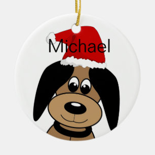 Ornamento De Cerâmica Cachorro Feliz com Chapéu de Papai Noel Personaliz