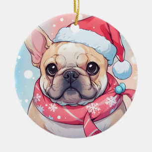 Ornamento De Cerâmica Cachorro francês bonito com chapéu e cachecol