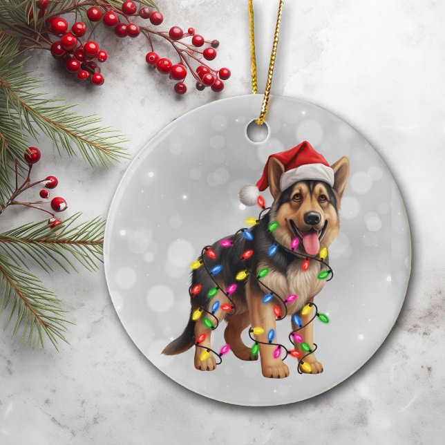 Ornamento De Cerâmica Cachorro german shepherd em Luzes de Natal (Criador carregado)