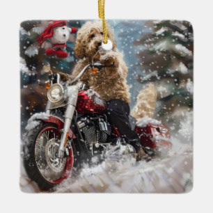 Ornamento De Cerâmica Cachorro Goldendoodle pilotando motocicleta Natal 