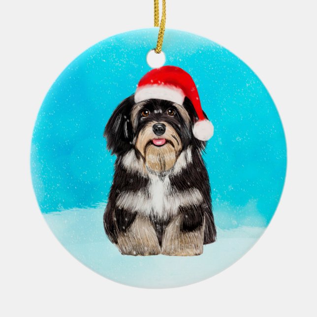 Ornamento De Cerâmica Cachorro Havanês Sentado No Chapéu De Natal Da Nev (Frente)