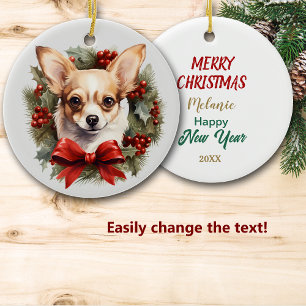 Ornamento De Cerâmica Cachorro Holly Wreath Chihuahua Arco Vermelho