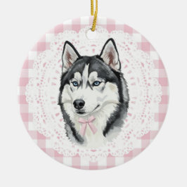 Ornamento De Cerâmica Cachorro Husky Coquette com Laços de Xadrez Rosa