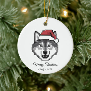 Ornamento De Cerâmica Cachorro Husky de Arte Pixel com Chapéu de Papai N