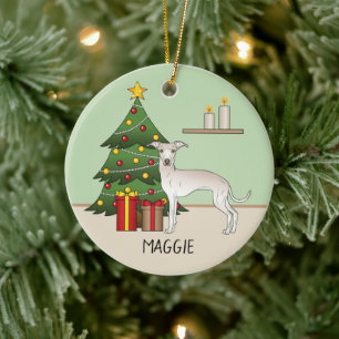 Ornamento De Cerâmica Cachorro Italiano De Greyhound Com Árvore De Natal