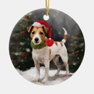 Ornamento De Cerâmica Cachorro Jack Russell na Neve Natal
