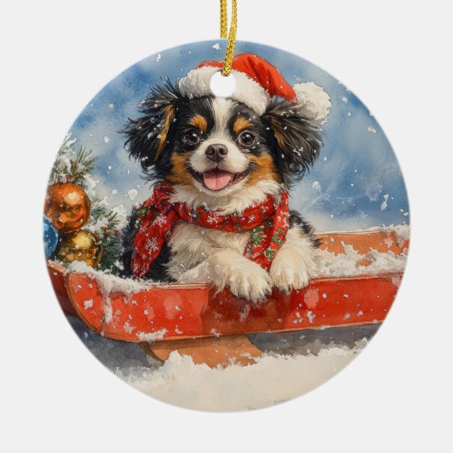 Ornamento De Cerâmica Cachorro Japonês com Sledge Deixe-o nevar no Natal (Frente)
