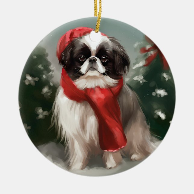 Ornamento De Cerâmica Cachorro japonês no Natal da neve (Frente)
