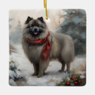Ornamento De Cerâmica Cachorro Keeshond no Natal da Neve