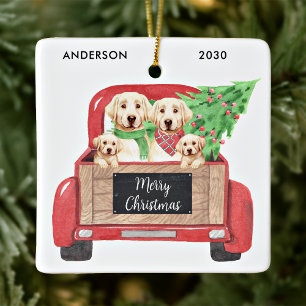 Ornamento De Cerâmica Cachorro Labrador Amarelo Natal Caminhão Vermelho