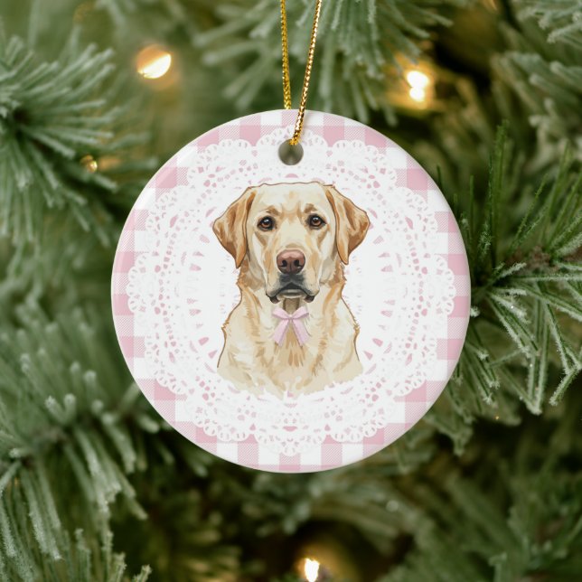 Ornamento De Cerâmica Cachorro Labrador Coquette com Laços de Ginga Rosa (Árvore)