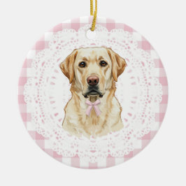 Ornamento De Cerâmica Cachorro Labrador Coquette com Laços de Ginga Rosa