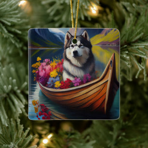 Ornamento De Cerâmica Cachorro Malamute no Paddle: Uma Aventura Cênica