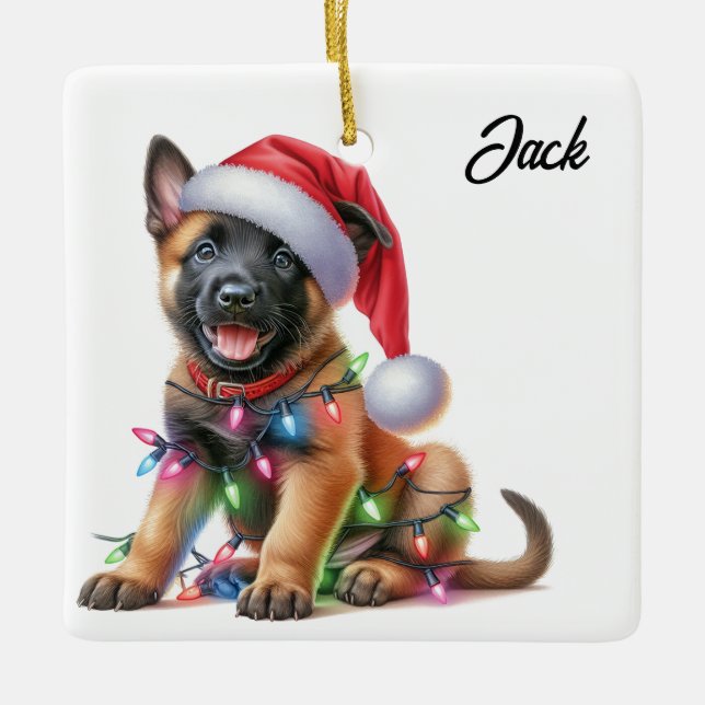 Ornamento De Cerâmica Cachorro Malinois Belga de Natal Personalizado (Frente)