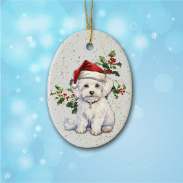 Ornamento De Cerâmica Cachorro Maltês Bonito Holly de Natal