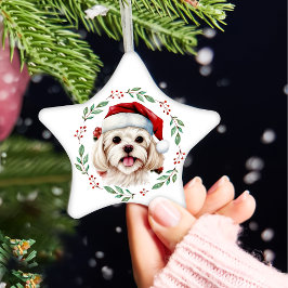 Ornamento De Cerâmica Cachorro Maltês de Natal, Personalizado