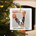 Ornamento De Cerâmica Cachorro Moderno - Duas Fotos | Feliz Woofmas<br><div class="desc">Cachorro Moderno - Duas Fotos | Feliz Woofmas</div>