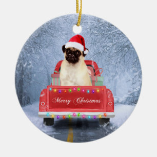 Ornamento De Cerâmica Cachorro na neve sentado no Caminhão de Natal 