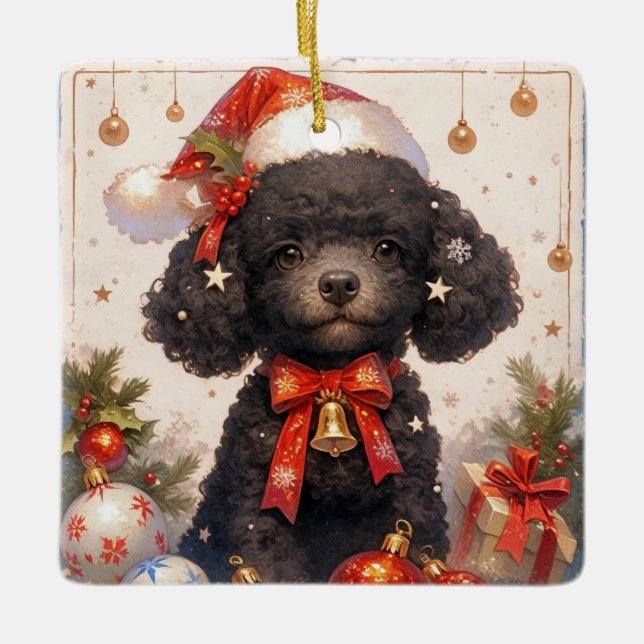 Ornamento De Cerâmica Cachorro Negro de Natal (Frente)