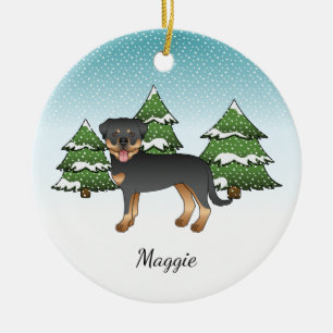 Ornamento De Cerâmica Cachorro Negro E Tan Rottweiler Numa Floresta De I