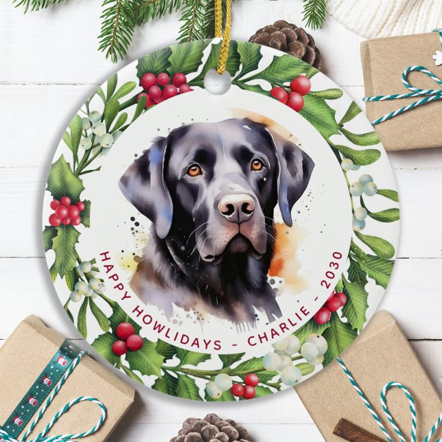 Ornamento De Cerâmica Cachorro Negro Labrador Personalizado Wreath Chris (Criador carregado)