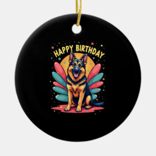 Ornamento De Cerâmica Cachorro Pastor Alemão Feliz Aniversário Festa She