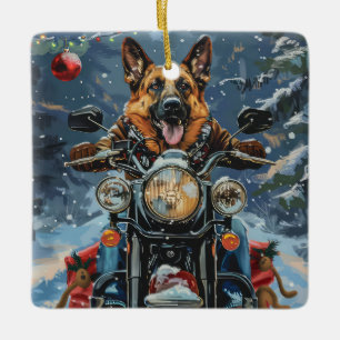 Ornamento De Cerâmica Cachorro Pastor Alemão Pilotando Moto Natal