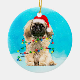 Ornamento De Cerâmica Cachorro Pekingês Sentado Nas Luzes De Natal Da Ne