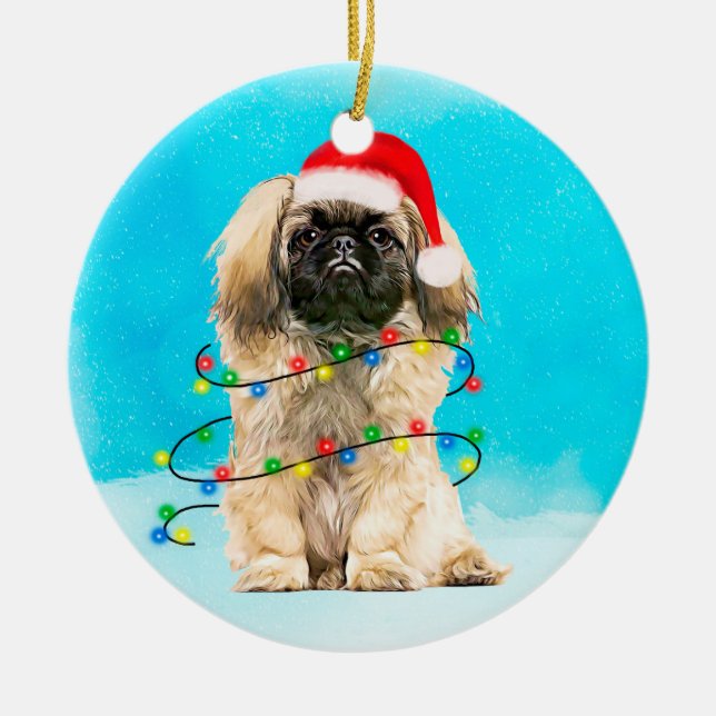 Ornamento De Cerâmica Cachorro Pekingês Sentado Nas Luzes De Natal Da Ne (Frente)